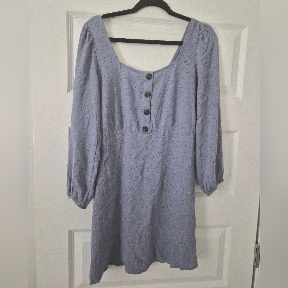 American Eagle Outfitters Light Blue Floral Button-Front Long Sleeve Dress